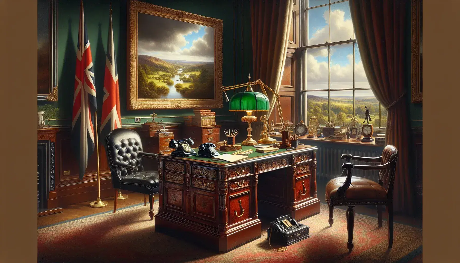Elegant office with a dark wood desk, green walls, red curtains, a banker's lamp, rotary phone, leather chair, and a British flag beside a landscape painting.