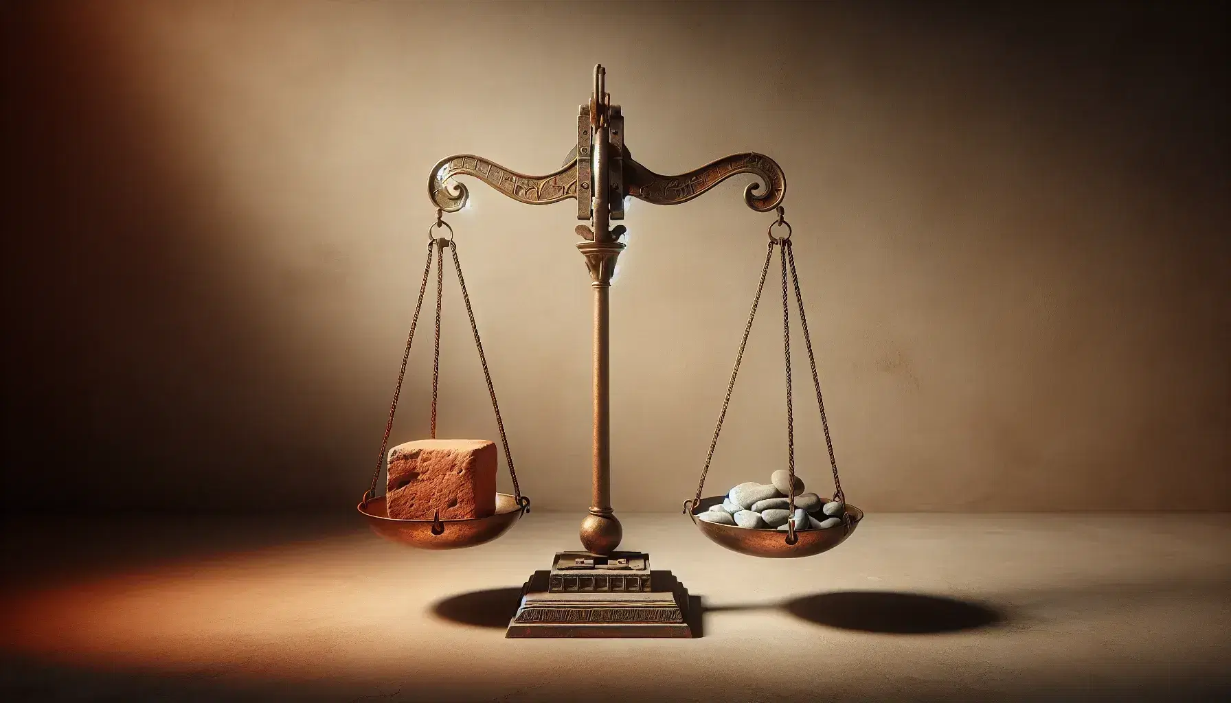 Bilancia antica in equilibrio con un mattone di terracotta su un piatto e pietre di fiume sull'altro, su sfondo neutro.