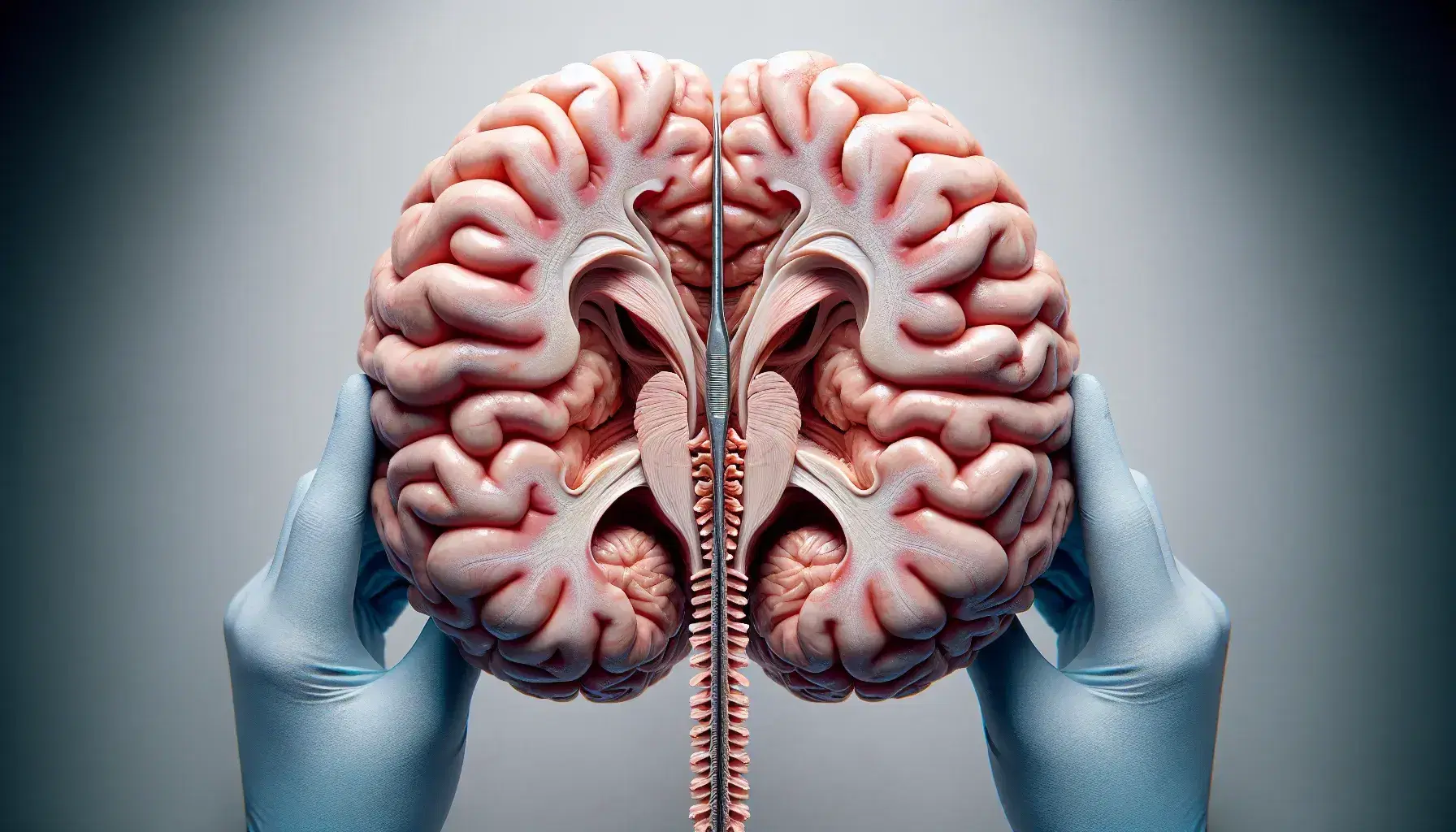 Vista superior de un cerebro humano realista con hemisferios definidos, fisura longitudinal y médula espinal, junto a una mano con guantes quirúrgicos y pinzas metálicas.