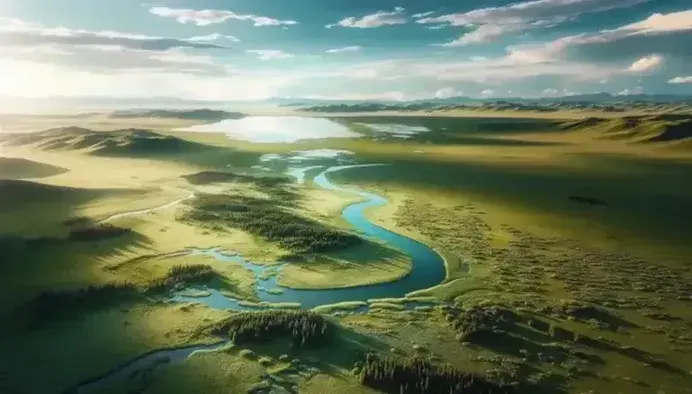 Llanura verde extensa con río serpenteante y lago en la distancia bajo cielo azul con nubes dispersas, sin presencia de construcciones.