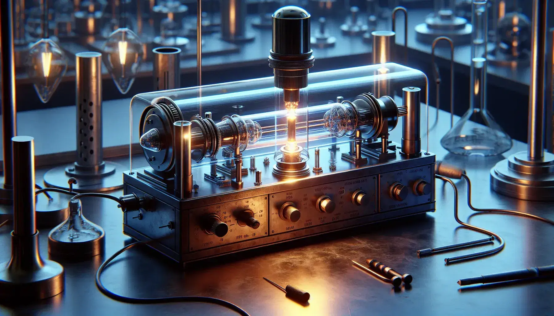 Laboratory photoelectric effect experiment with a vacuum tube apparatus, laser light source, and optical components on adjustable stands in a blurred lab setting.
