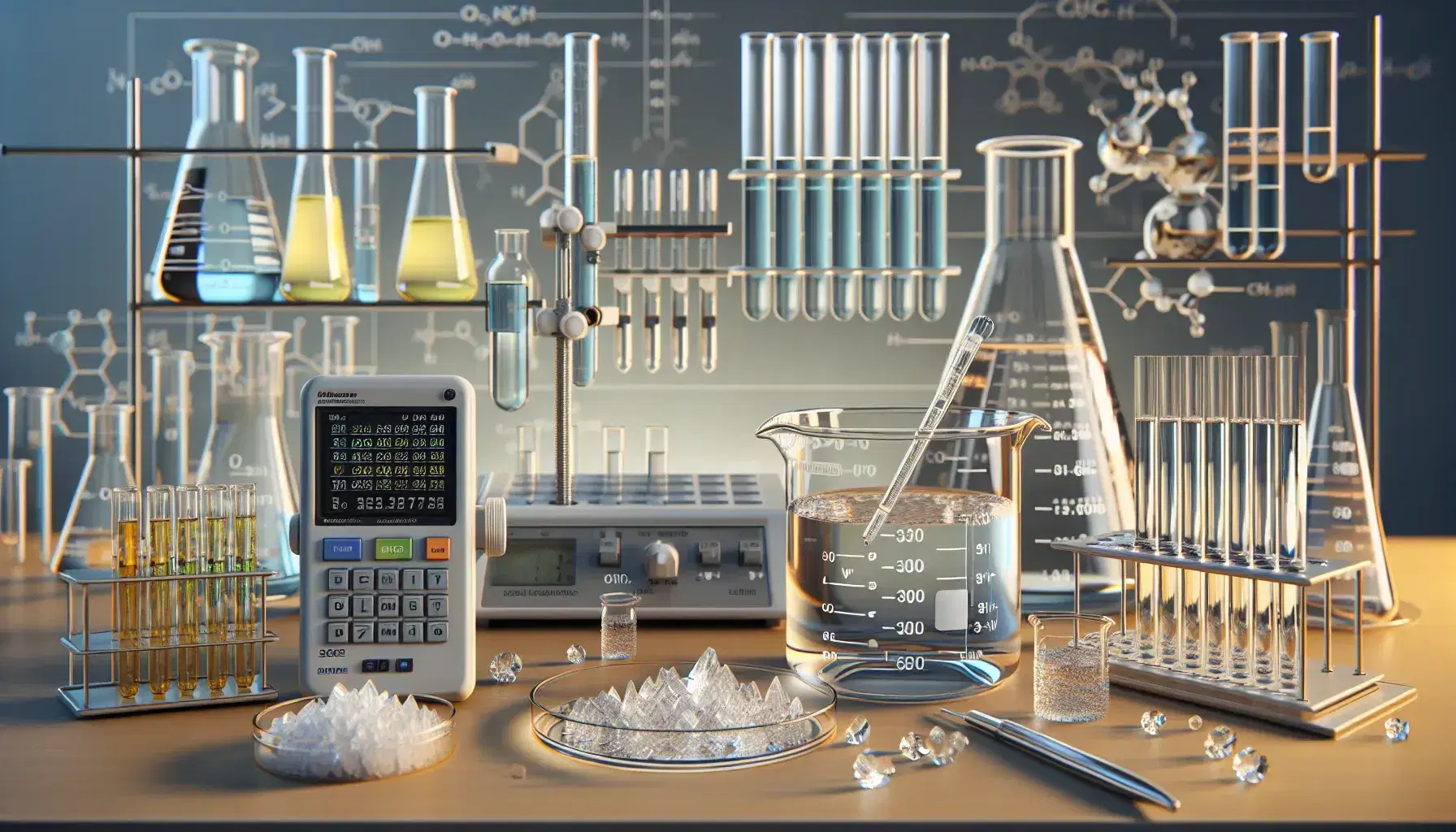 Laboratory with beaker and transparent liquid, immersed pH meter electrode, crystalline solid in Petri dish and colored test tubes on shelf.