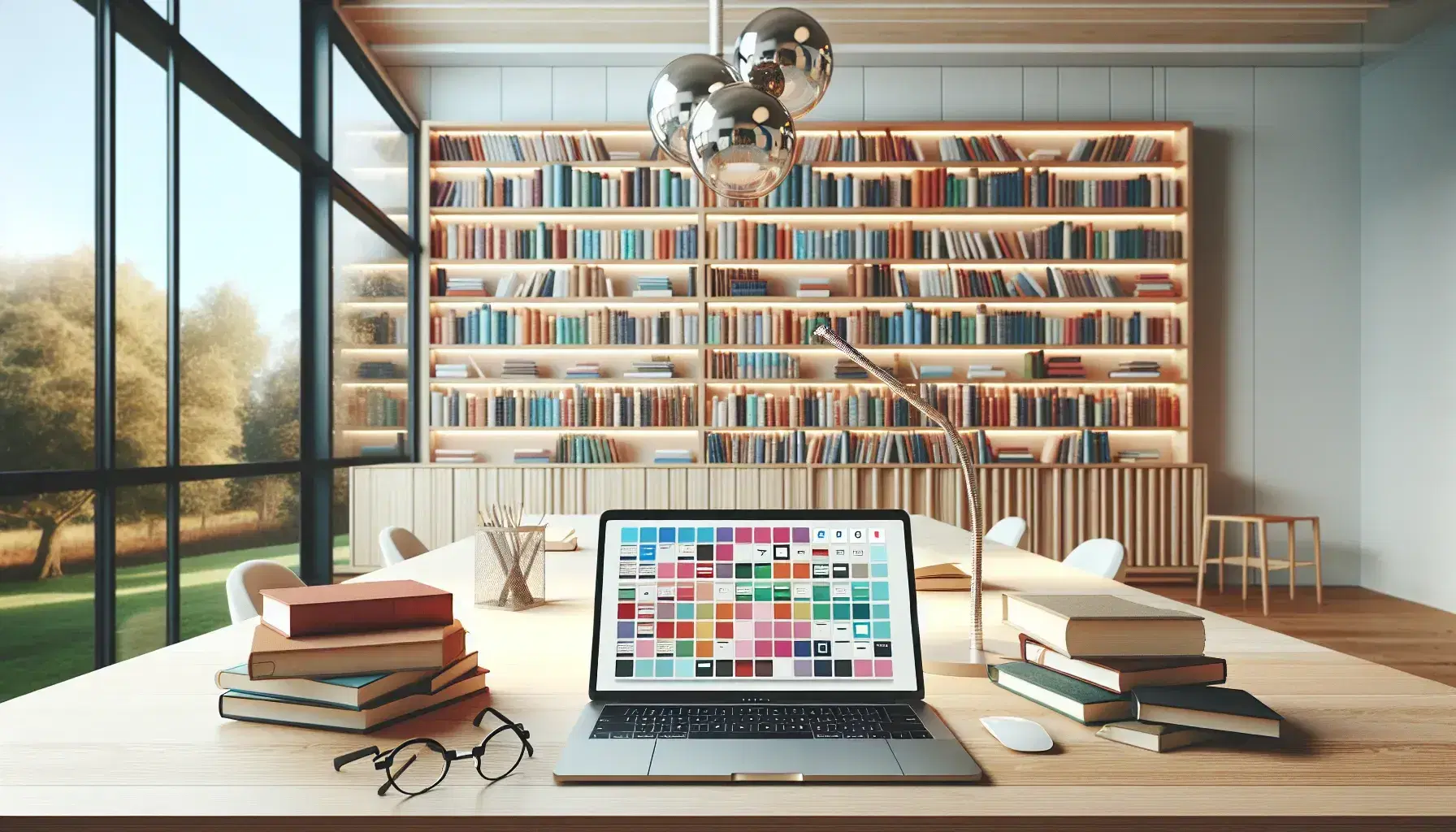 Biblioteca moderna con scaffali in legno chiaro pieni di libri colorati, scrivania bianca con laptop e occhiali, lampada e finestra con vista sfocata su alberi.