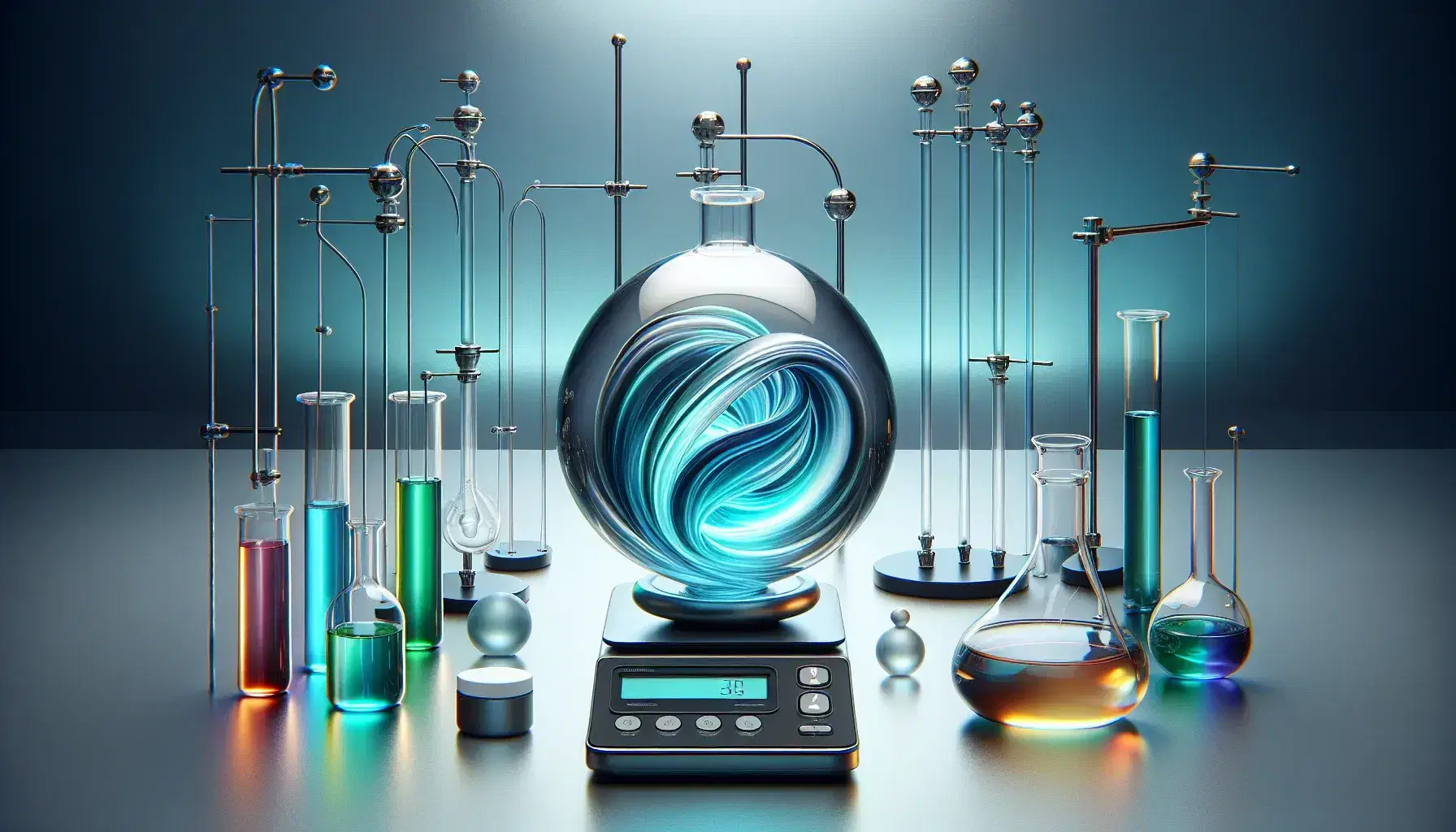 Modern laboratory with glowing blue liquid in spherical flask, digital scales with container, test tubes with colored liquids, distillation setup, and microscope.