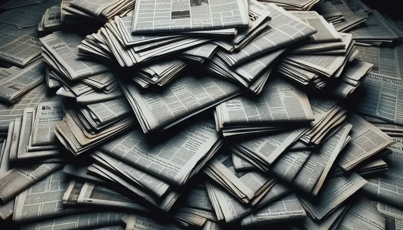 Montón desordenado de periódicos en blanco y negro con texturas de papel superpuestas y bordes desgastados, iluminados suavemente para resaltar profundidad y textura.