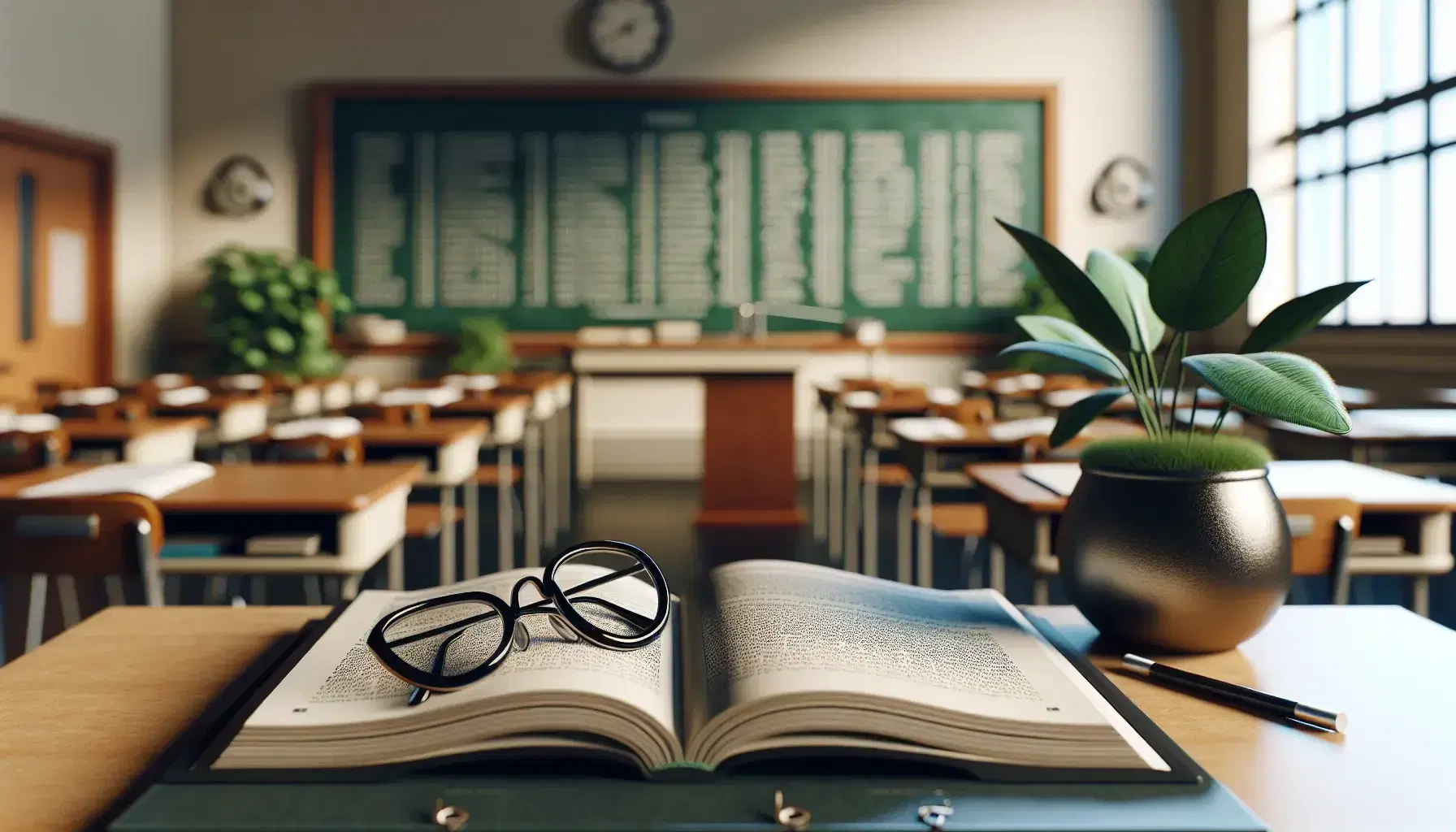 Classroom scene with teacher's desk featuring an open textbook, askew black-rimmed glasses, and a vibrant potted plant, with a chalkboard and blurred desks in the background.