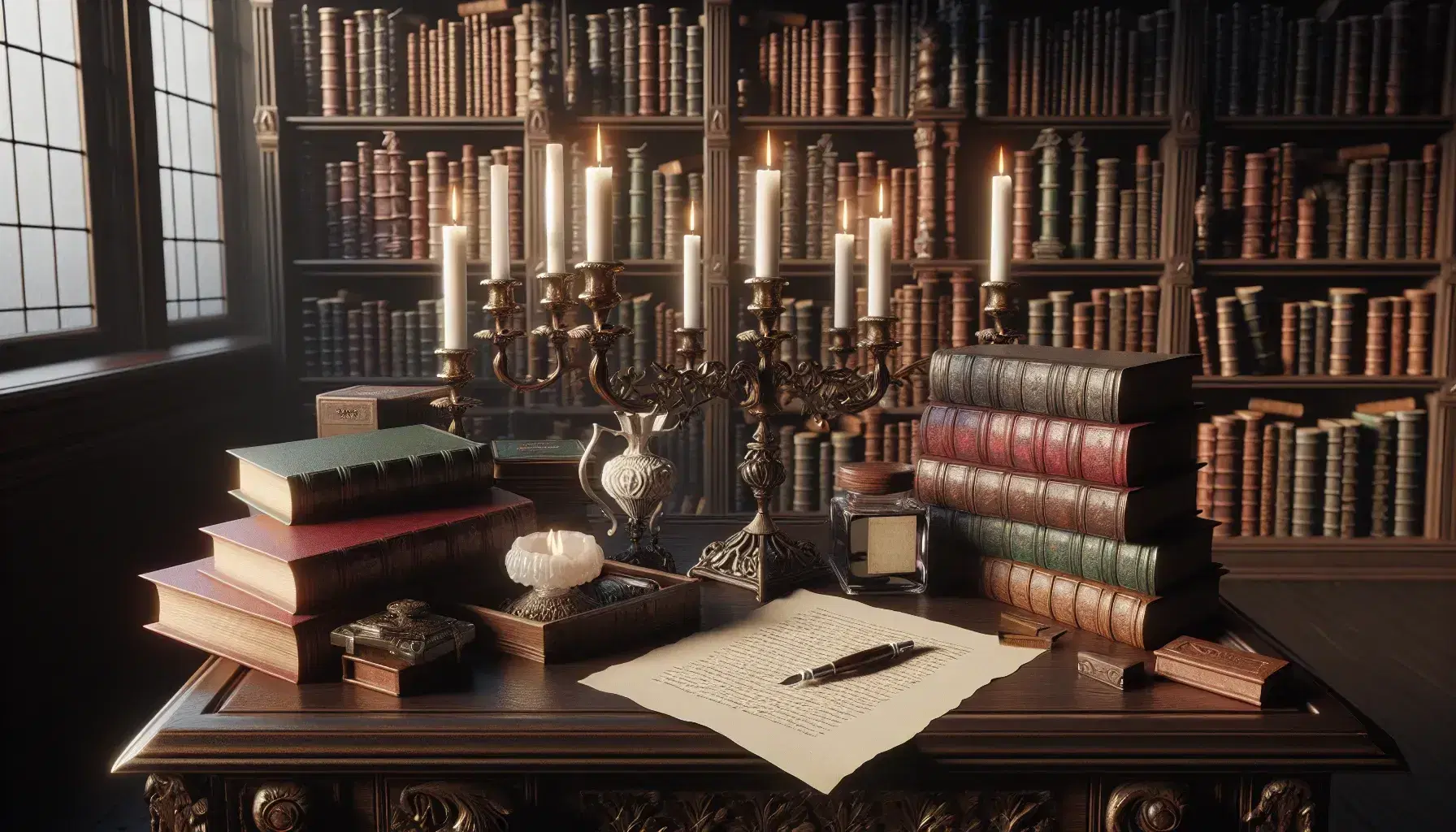 Biblioteca antigua con mesa de madera oscura y libros de tapa dura, candelabro de bronce con velas encendidas, silla con cojín rojo, estantería repleta de libros y tintero de porcelana con pluma al lado de papel en blanco.