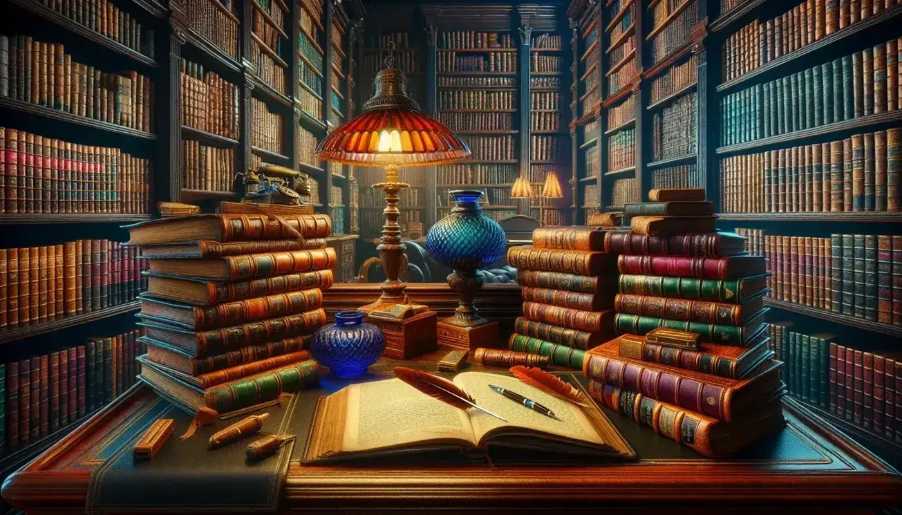 Biblioteca antica con scrivania in legno scuro, libri impilati, lampada vintage, calamaio e poltrona in pelle, finestra con tende rosse.