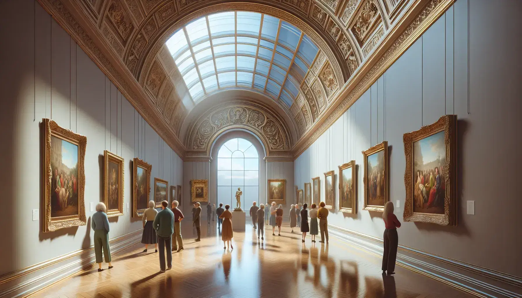Oil painting depicting a serene art gallery interior with visitors admiring artworks, golden frames on beige walls, and sunlight from an arched window.