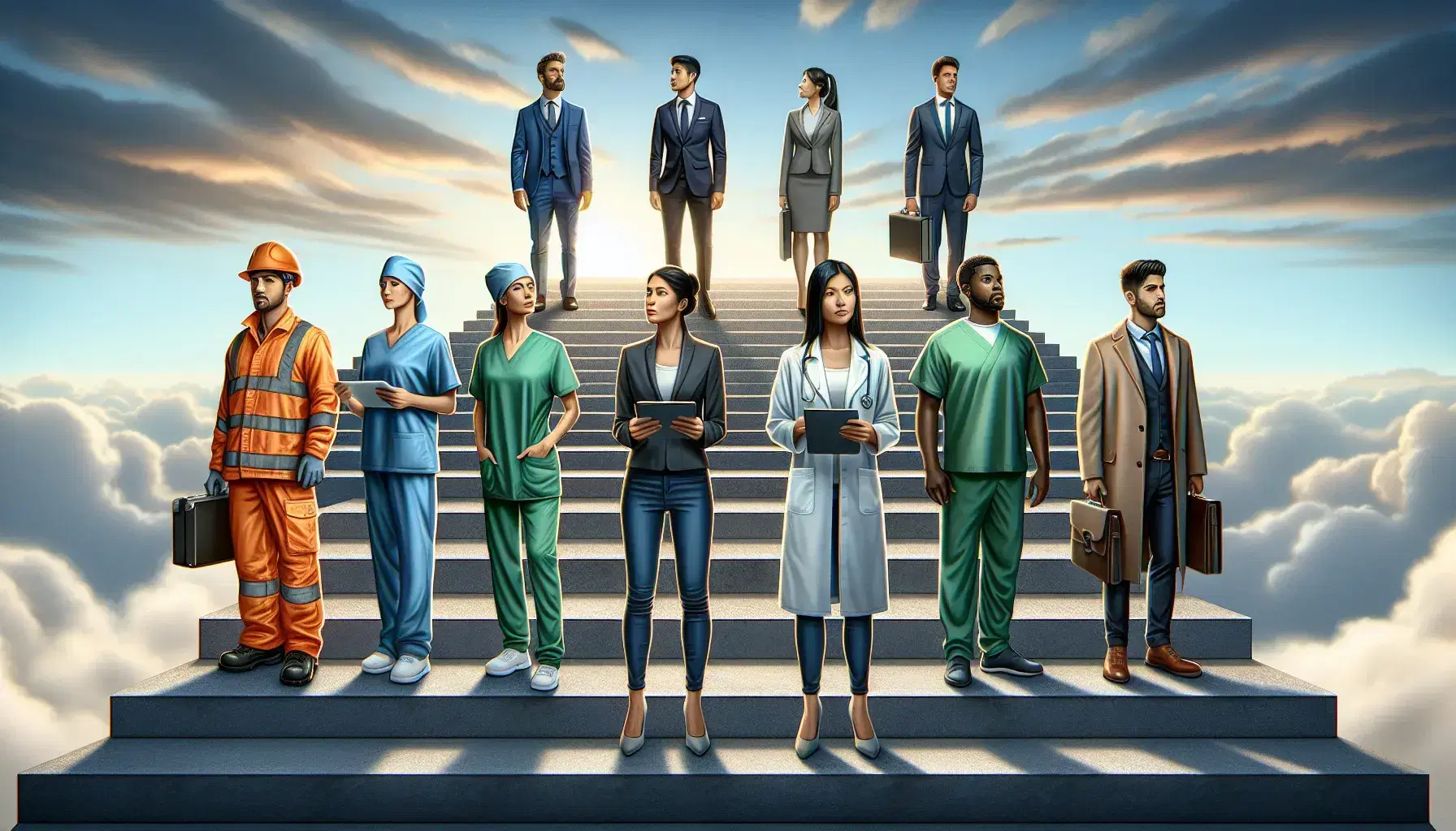 Group of professionals on stone steps, from worker to manager, symbolize career growth under light to dark blue gradient sky.