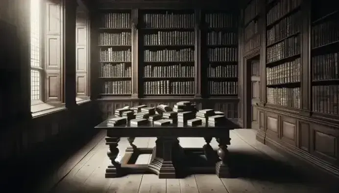 Biblioteca antigua con mesa de madera oscura y libros encuadernados en cuero sobre ella, estanterías llenas al fondo en una habitación iluminada suavemente.