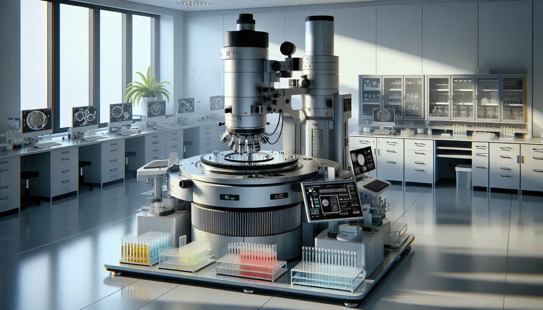 Microscopio elettronico a trasmissione avanzato in laboratorio di ricerca moderno con provette colorate su tavolo e pianta verde.