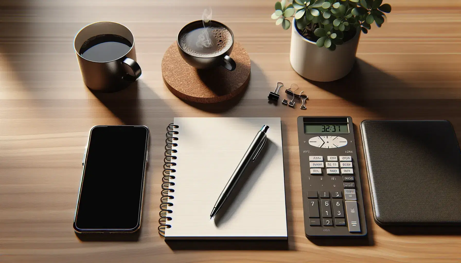 Escritorio de oficina de madera con bloc de notas y bolígrafo, smartphone, taza de café, planta en maceta blanca, calculadora y reloj analógico, en ambiente sereno.