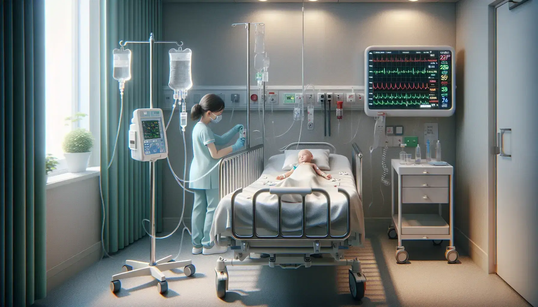 Niño hospitalizado en cama con suero intravenoso y enfermera ajustando el goteo, monitor de signos vitales al fondo en habitación iluminada.