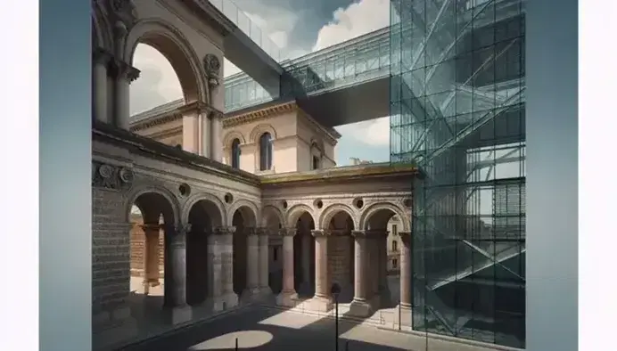Fachada histórica con arcos y columnas de piedra junto a extensión moderna de vidrio y acero reflejando el cielo azul.