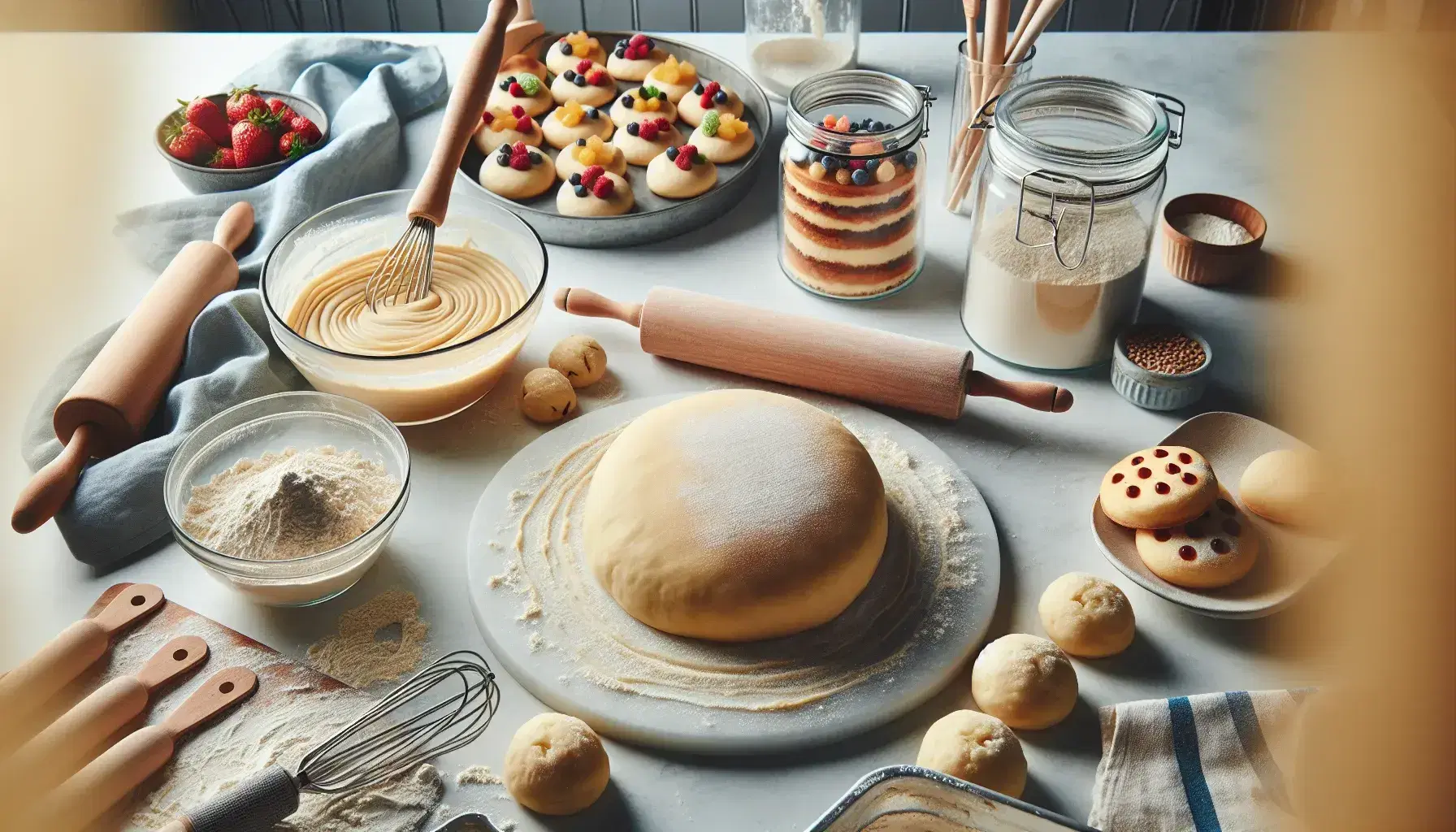 Estación de horneado con masa de pastelería sobre superficie de mármol, rodillo de madera, batido en bol de vidrio y pastel decorado con frutas frescas en fondo.