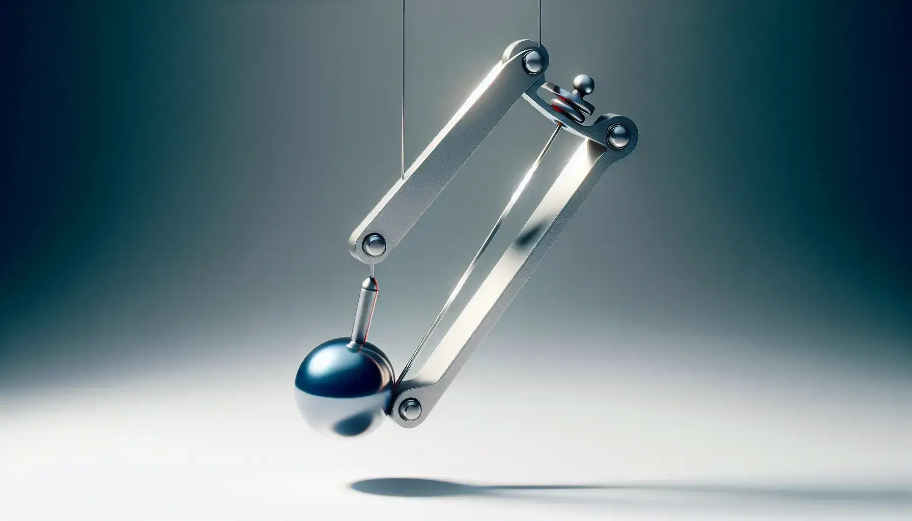 Double pendulum in motion with metallic gray and red arms, and a blue bob, against a white background, illustrating chaotic movement.