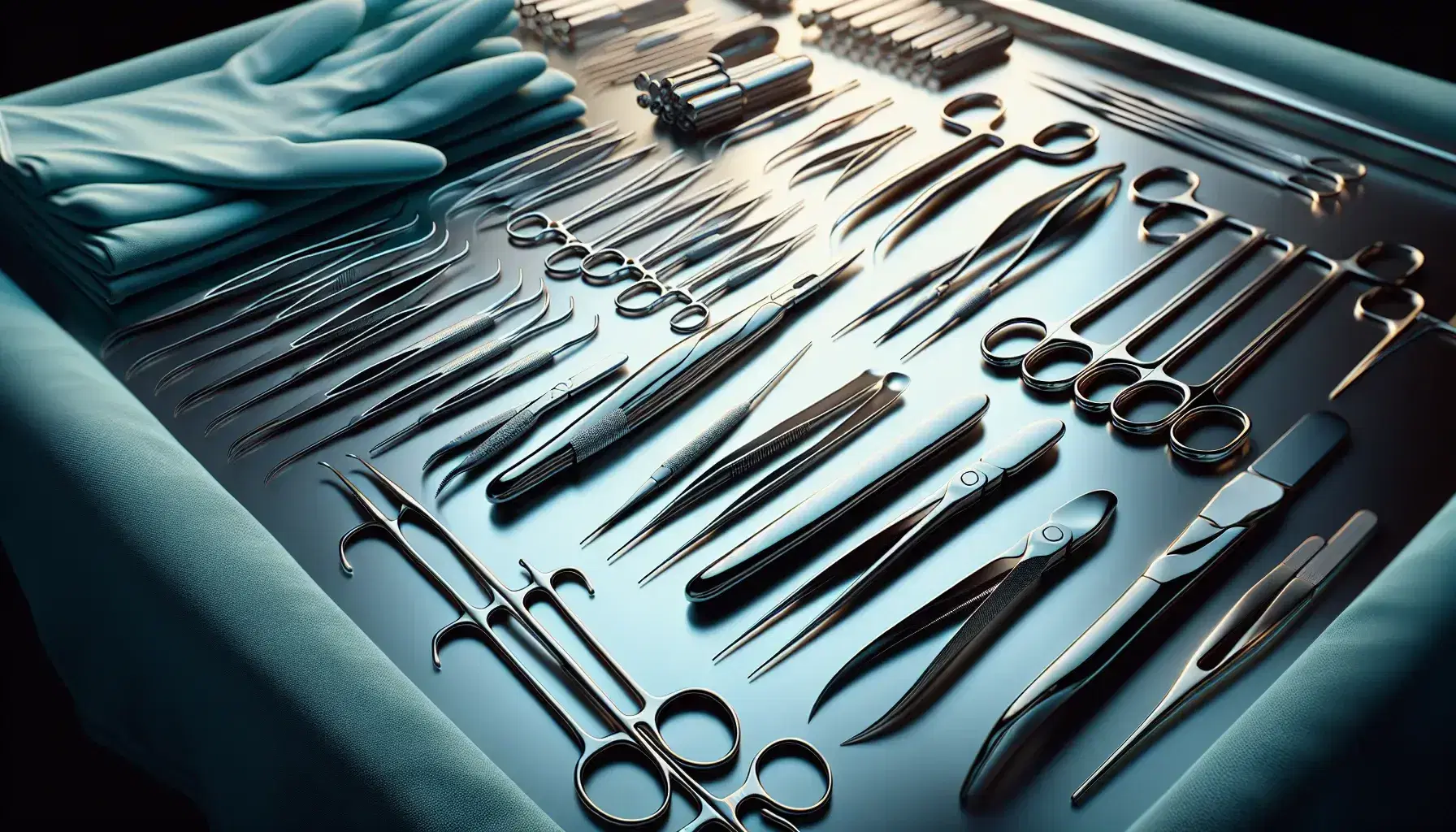Conjunto de instrumentos quirúrgicos pulidos sobre superficie de acero inoxidable con guantes quirúrgicos azules al fondo, listos para un procedimiento médico.