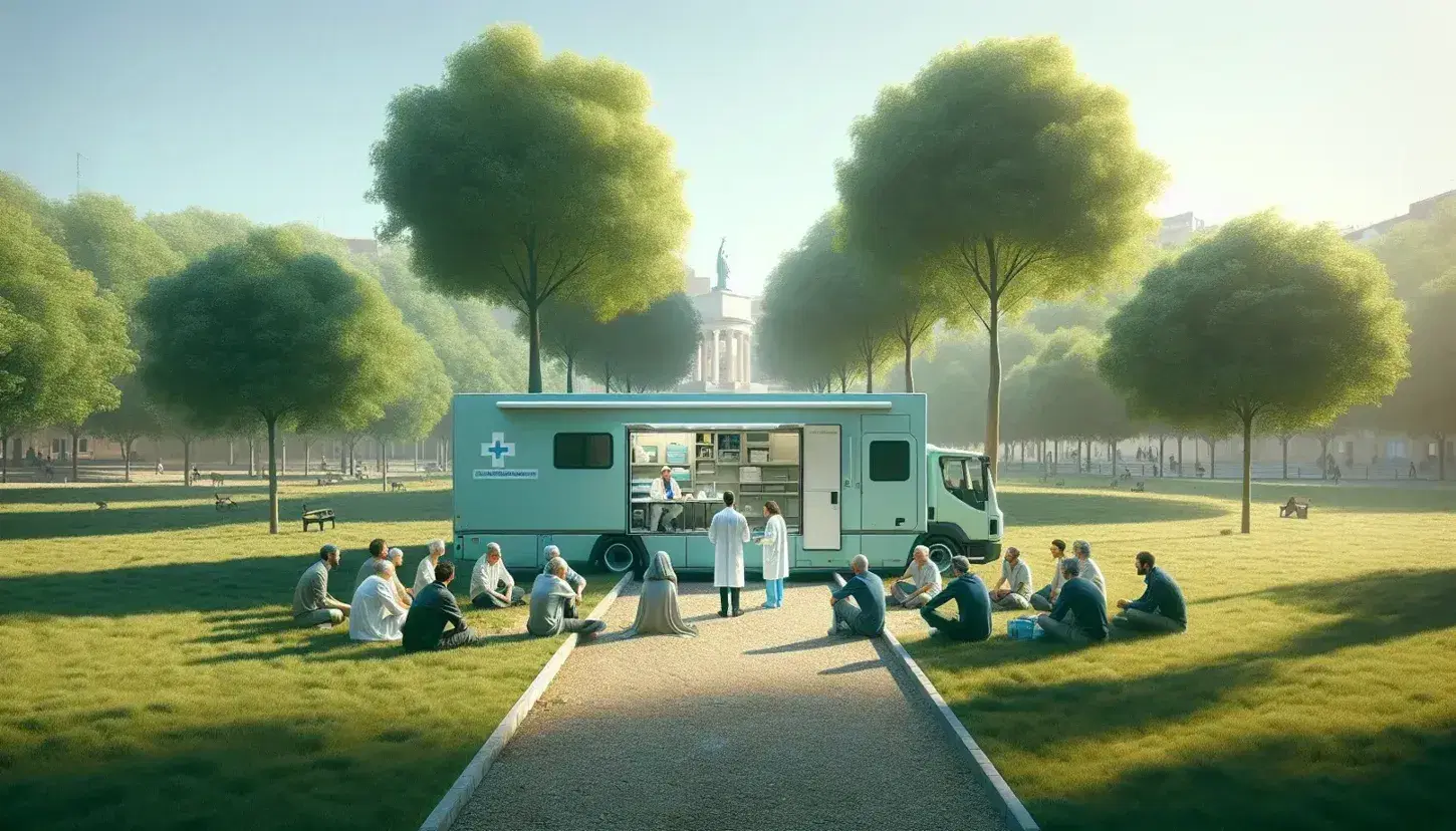 Serene Spanish park scene with a group engaged in discussion on grass, a healthcare professional by a mobile unit, and an officer walking on a path.