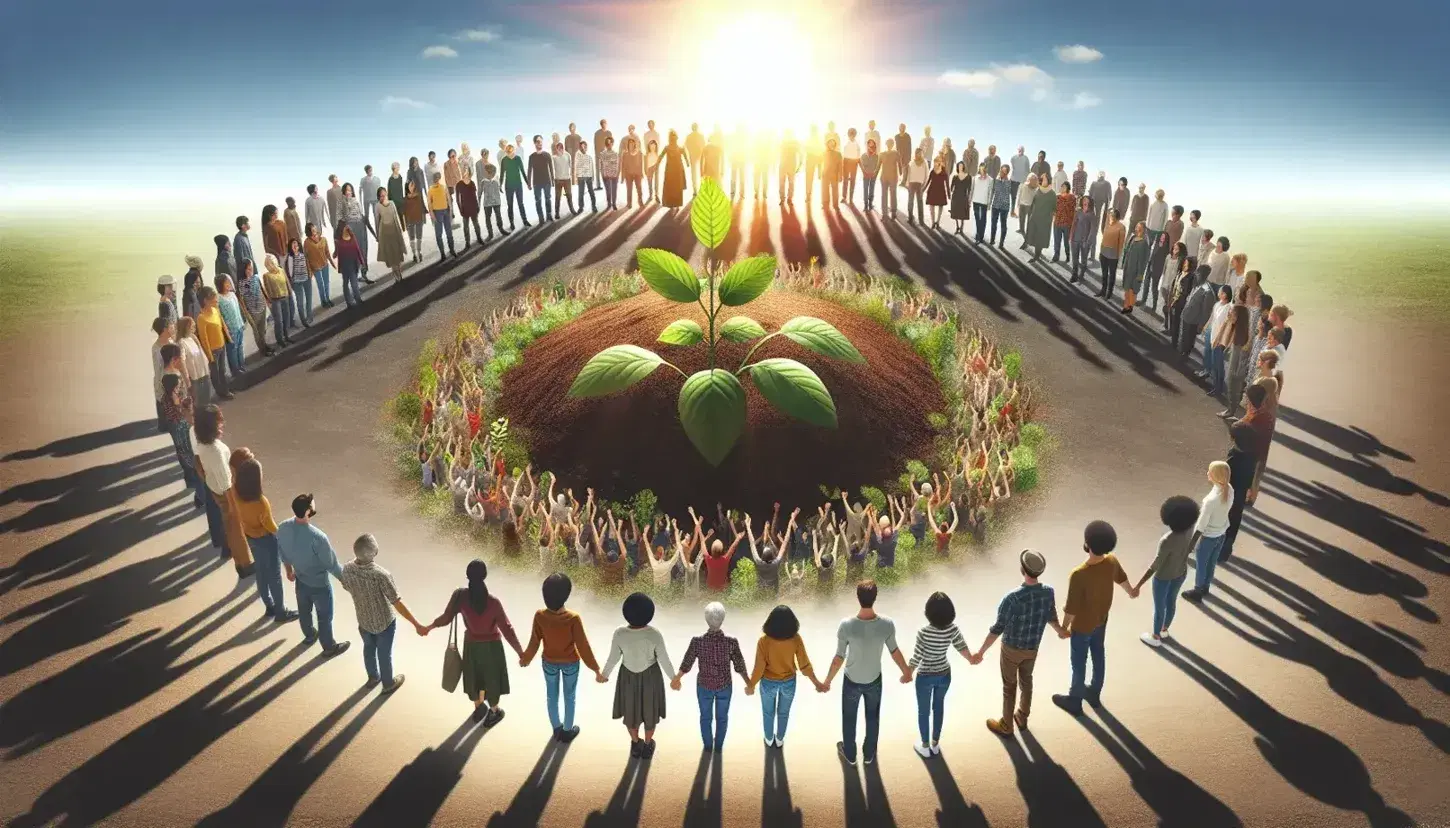 Grupo diverso de personas unidas alrededor de una joven planta bajo el sol, simbolizando cuidado colectivo y unidad en un día despejado.