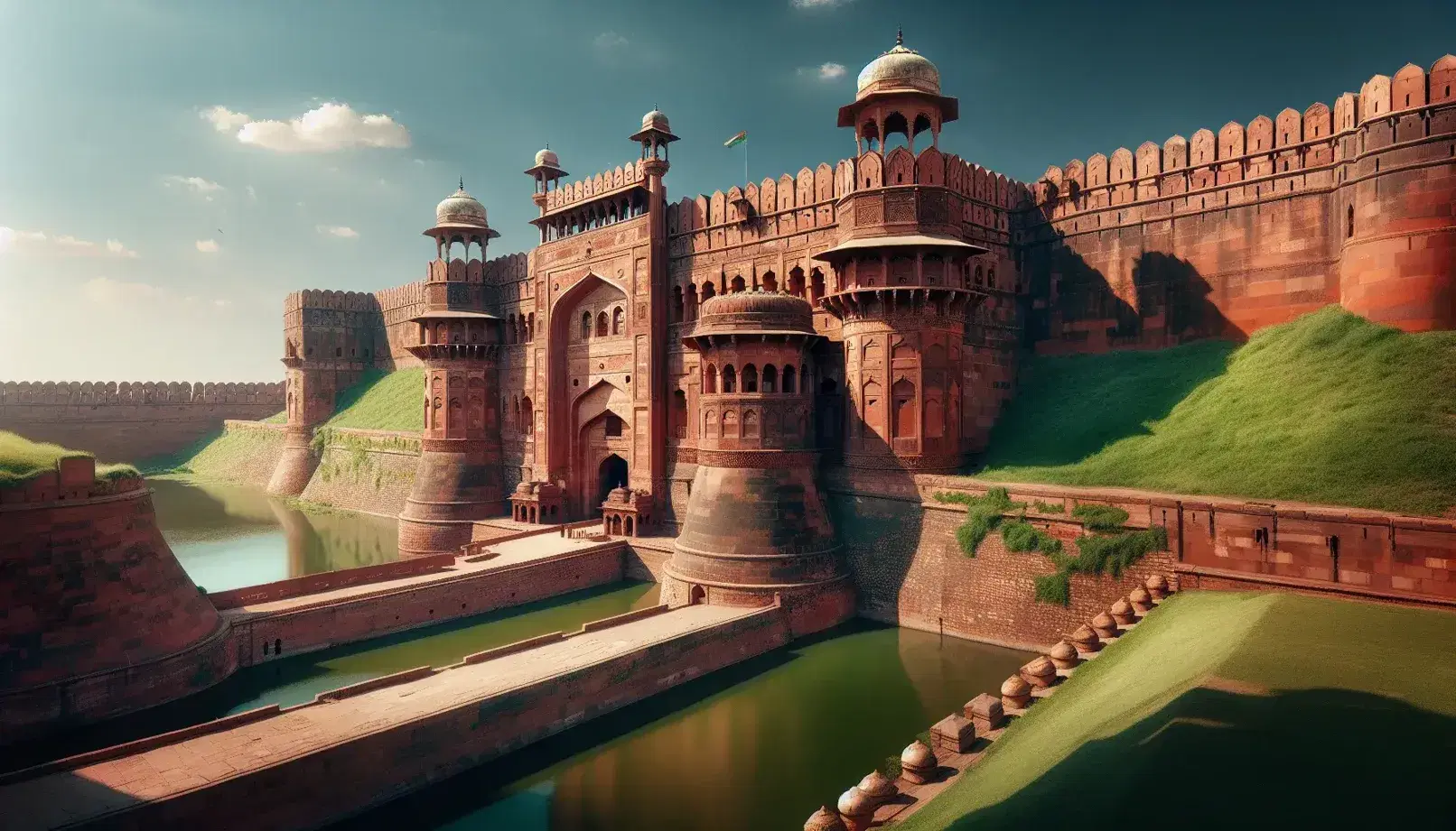 Majestic Mughal-era red sandstone fort with high walls, rounded bastions, and an ornate gateway flanked by minarets, surrounded by a green moat under a clear blue sky.