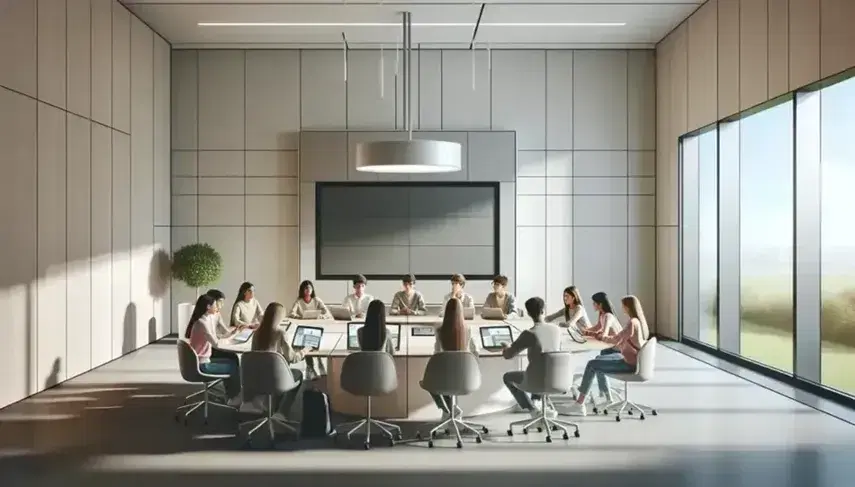 Aula moderna e luminosa con studenti di diverse età attorno a un grande tavolo ovale, impegnati in una discussione con tablet e laptop.