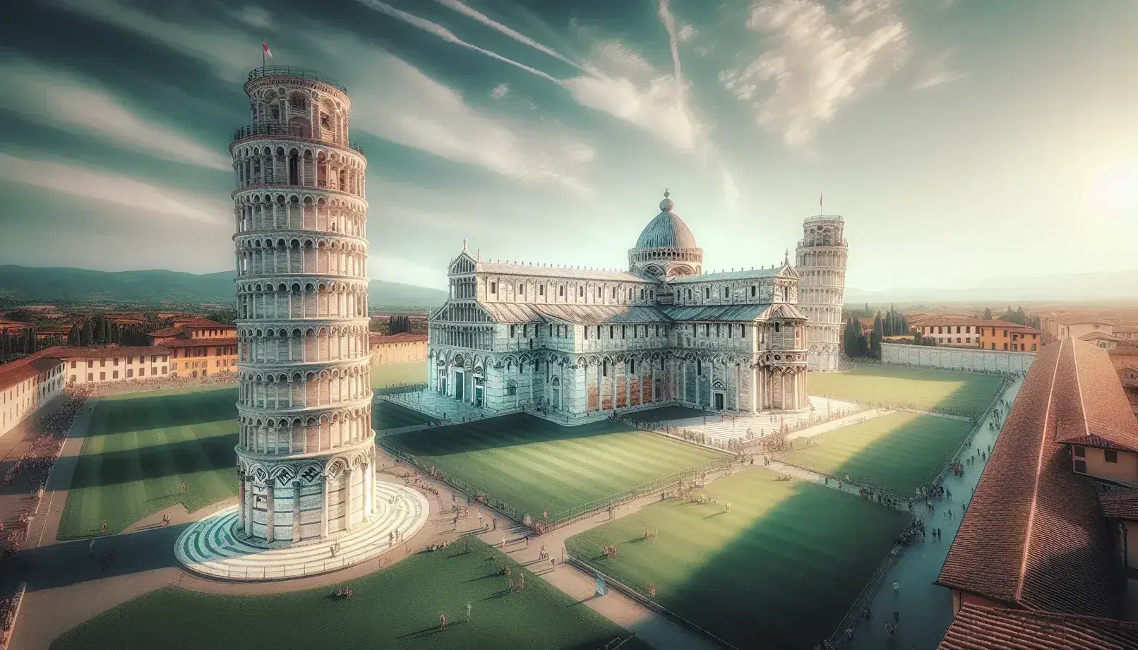 Vista panoramica della Piazza dei Miracoli a Pisa con la Torre Pendente, il Duomo e il Battistero circondati da visitatori e prato verde.