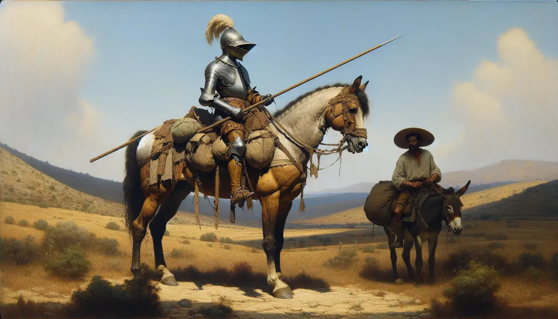Knight in armor on a horse with a lance beside a peasant on a donkey, with windmills on sunlit Spanish hills in the background.