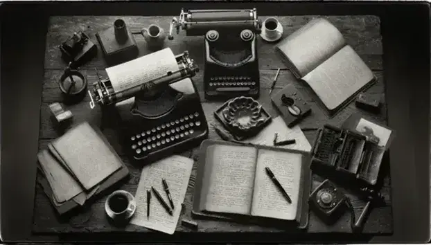 Vintage writer's desk with typewriter, annotated manuscript, fountain pen, ashtray with cigarette, rotary phone, and bottle beside a glass.