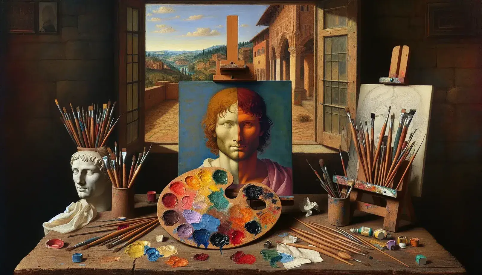 Taller renacentista con paleta de colores en primer plano, pinceles, lienzo a medio pintar y ventana con vista a paisaje urbano.