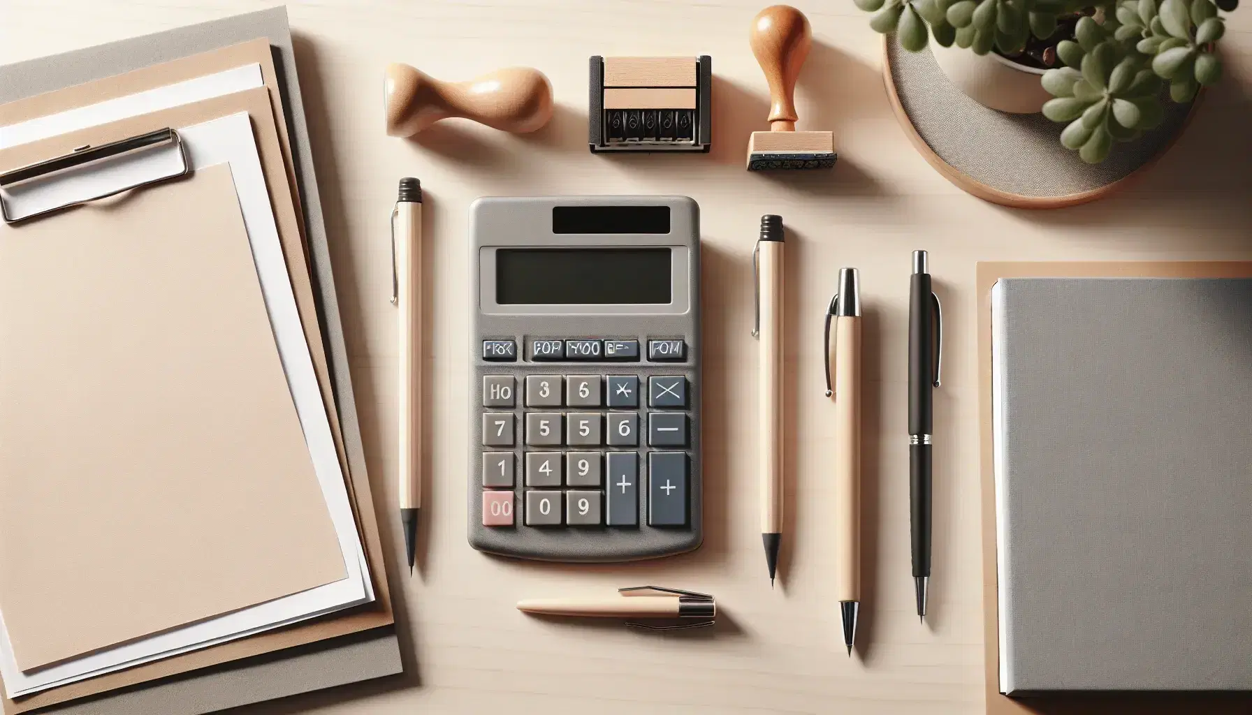 Escritorio de oficina con calculadora gris, papeles apilados, sello de goma, bolígrafos azul y negro y lápices junto a planta verde.
