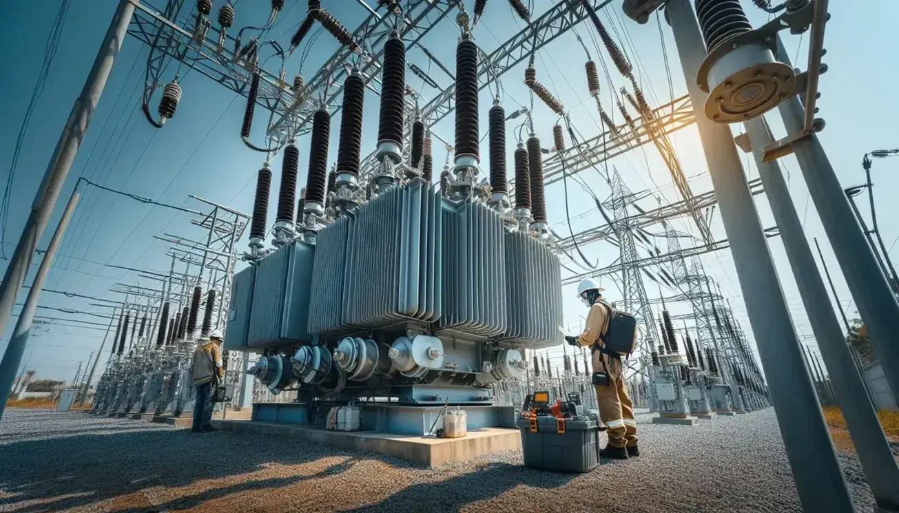 Técnico inspeccionando un transformador en subestación eléctrica al aire libre con postes de alta tensión y cielo azul despejado.