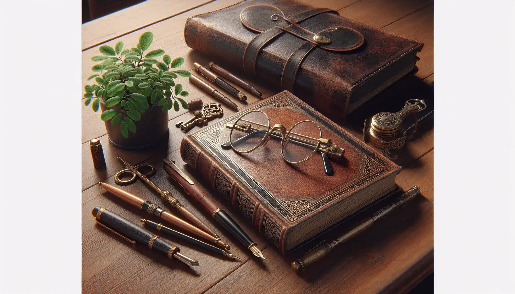 Vintage leather-bound book with bookmark, ornate brass key, leather pouch, potted plant, round eyeglasses, and fountain pen on a wooden desk.