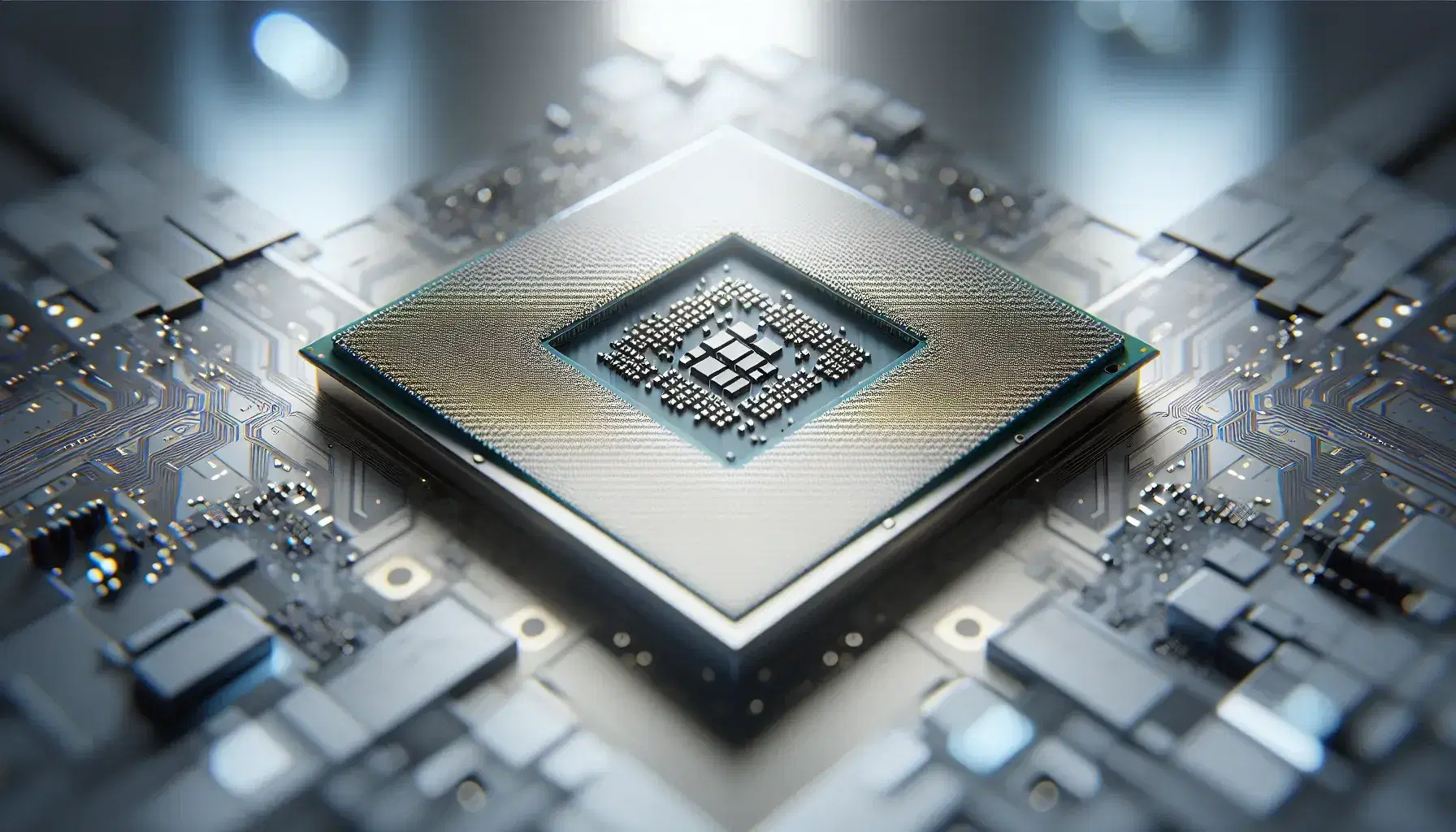 Close-up of a modern, unmarked CPU processor with gold connectors and a blurred background in blue and white tones suggesting an advanced technological environment.