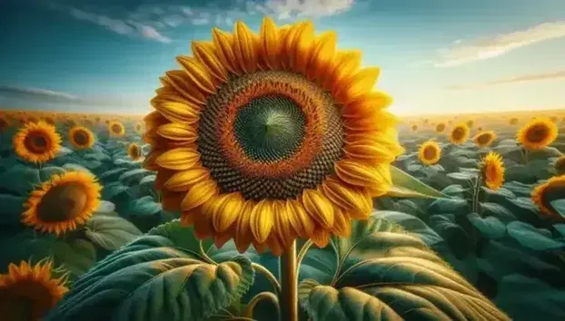 Close-up of a common sunflower in full bloom with yellow petals and a brown central disk, surrounded by a field of sunflowers under a blue sky.