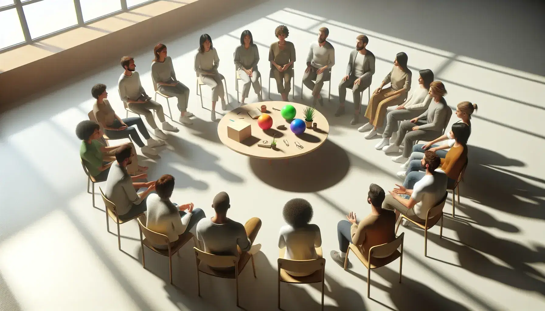 Grupo diverso de personas sentadas en semicírculo en un aula luminosa, enfocadas en un orador con objetos como una pelota colorida y una planta sobre la mesa.