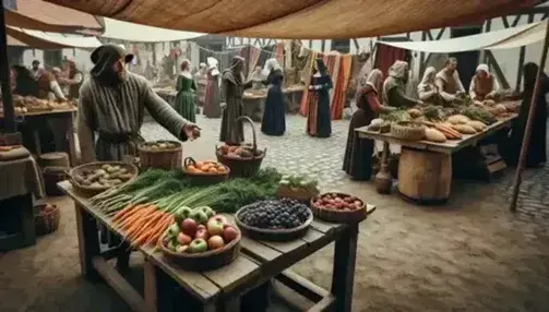 Mercado medieval al aire libre con vendedor intercambiando manzanas por monedas, productos agrícolas en primer plano y gente negociando en fondo histórico.