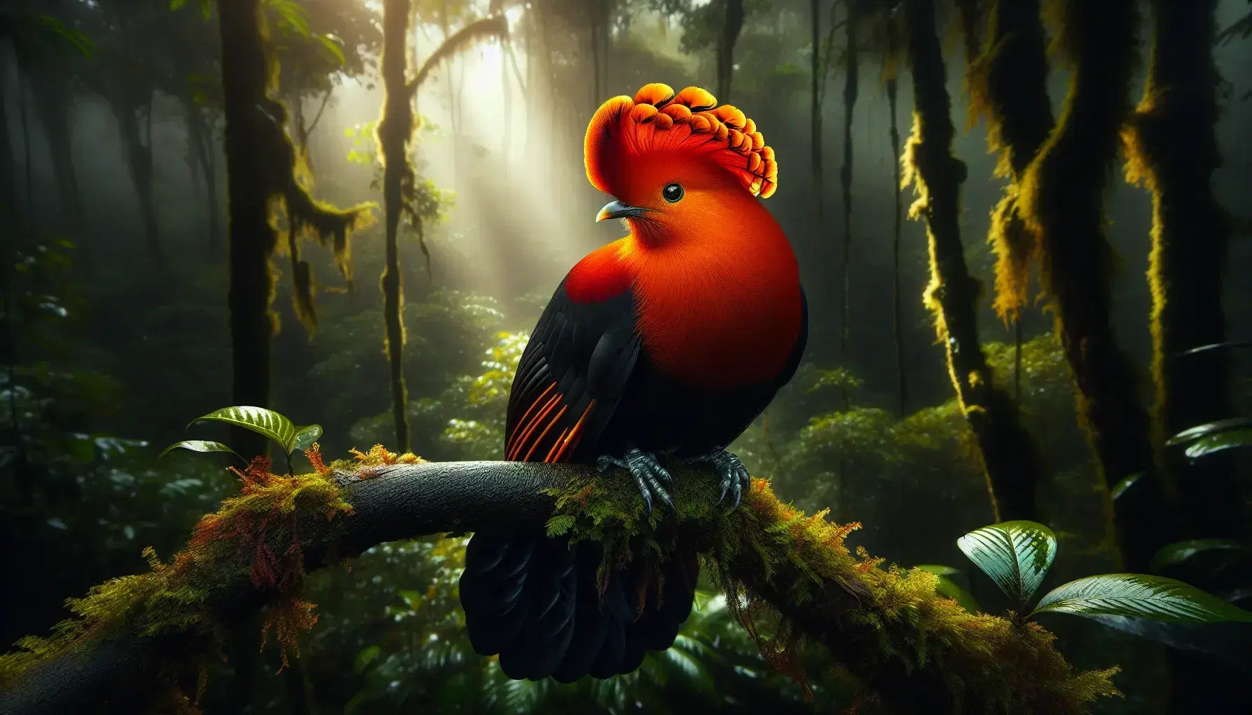 Gallo de roca andino macho de plumaje rojizo intenso y cresta prominente posado en rama, con fondo de vegetación densa y suelo húmedo del bosque nublado en Parque Nacional Manu.
