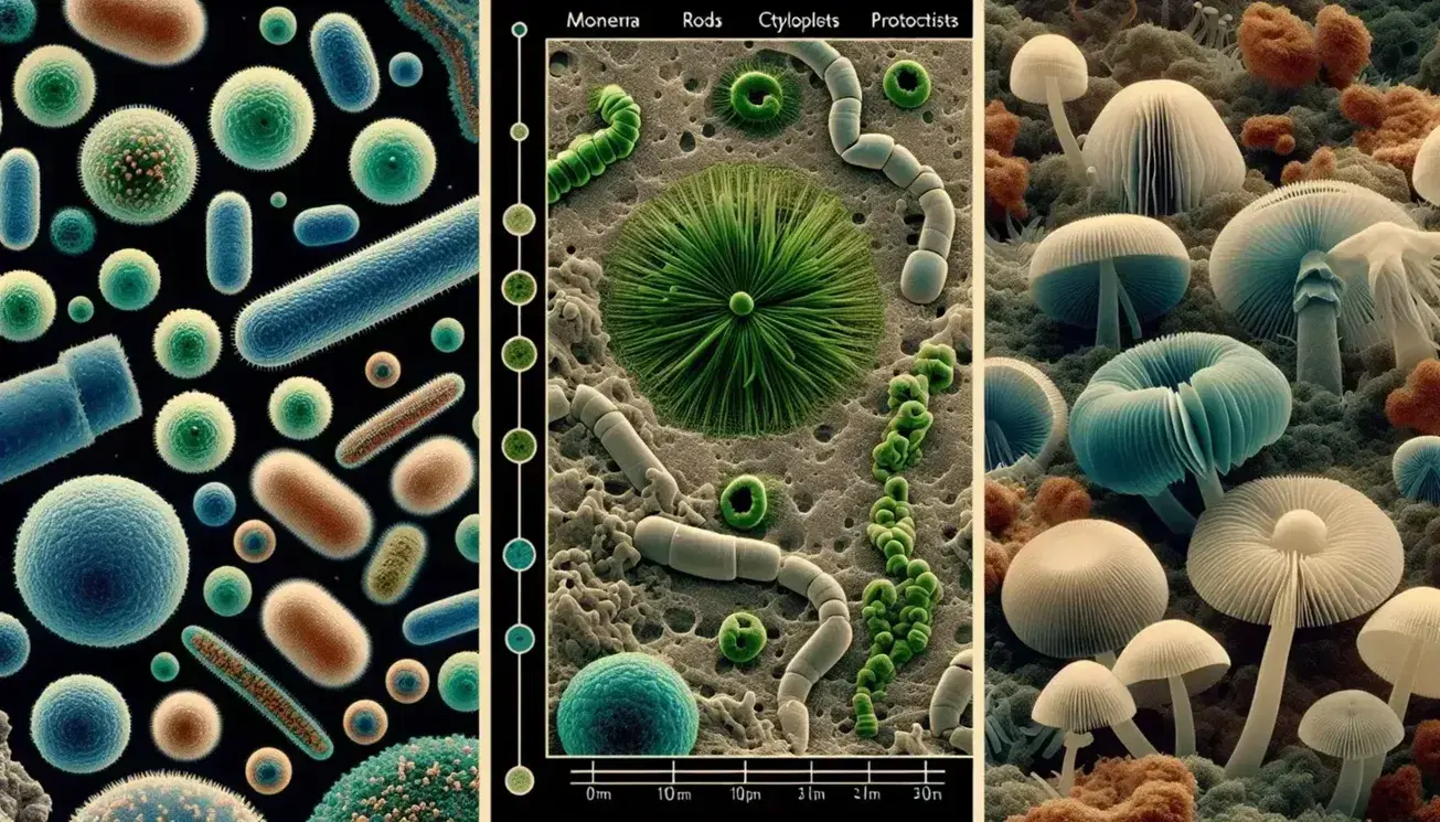 Micrografía electrónica de bacterias del Reino Monera, vista microscópica de algas y protozoos del Reino Protoctista y fotografía cercana de hongos del Reino Fungi.