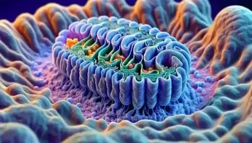 Close-up of a mitochondrion with double membrane, pleated cristae and granular matrix with enzymes, in a eukaryotic cell.