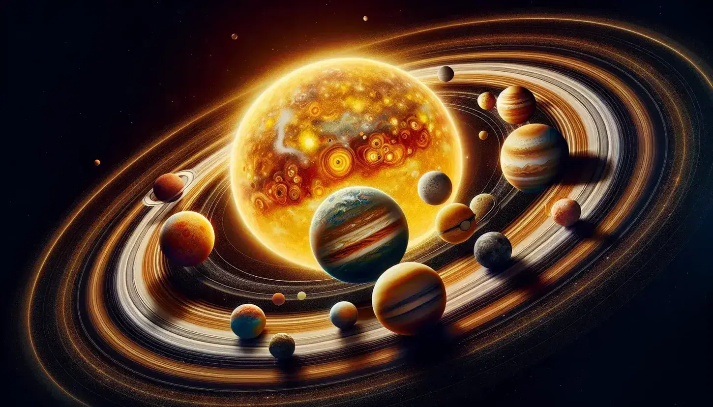 Rappresentazione artistica del sistema solare con il Sole al centro e otto pianeti su orbite ellittiche, inclusa la cintura di asteroidi e Plutone.