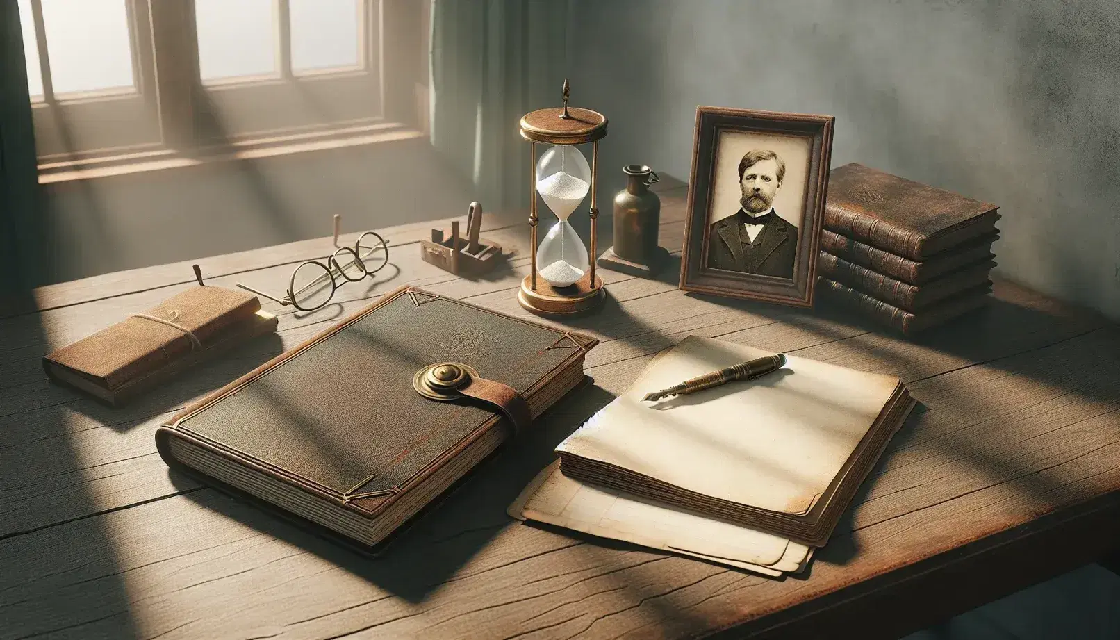 Vintage wooden desk with objects for psychological studies, open notebook, antique fountain pen, black and white photography, hourglass and glasses.
