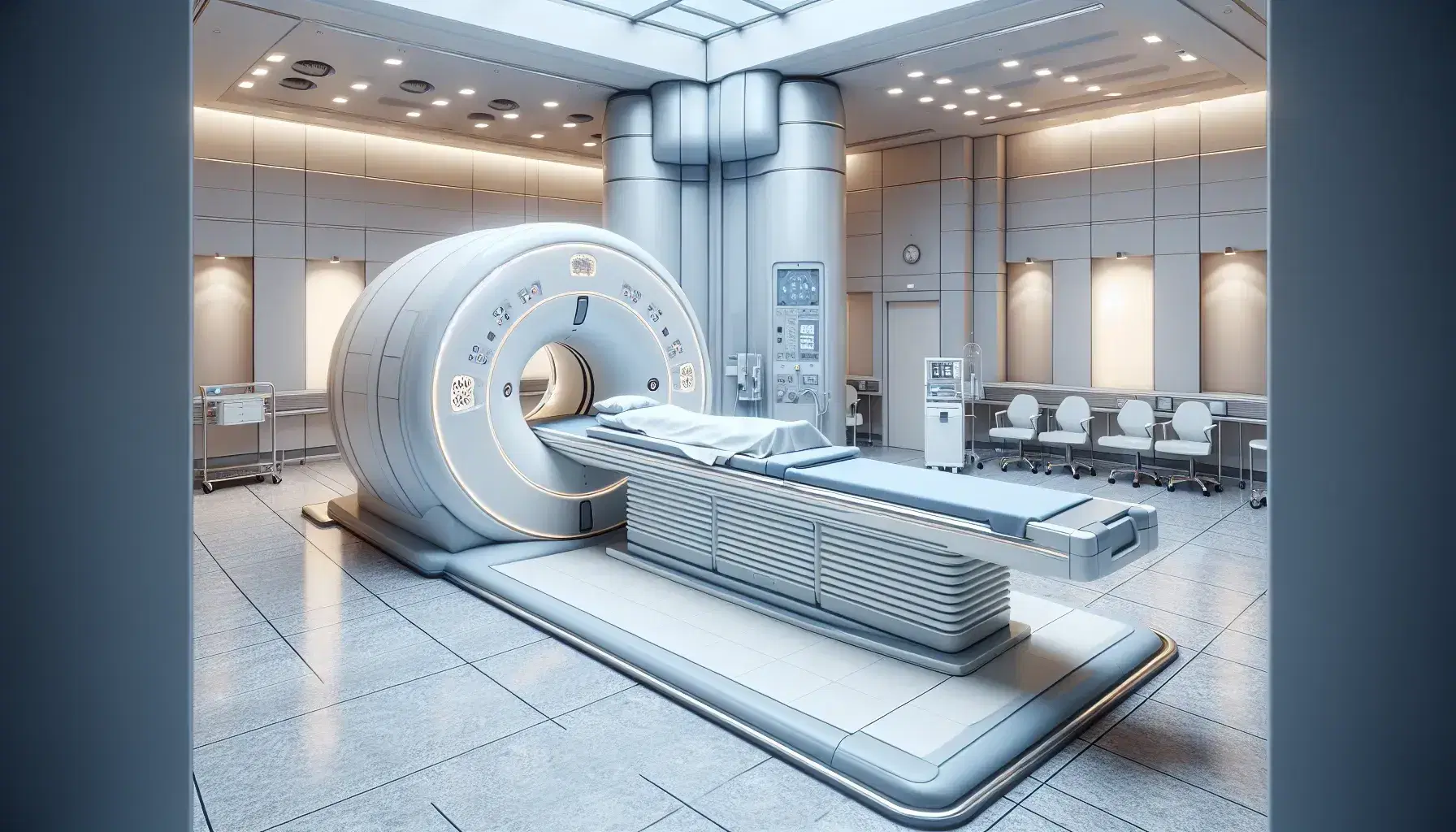 Resonador magnético nuclear en sala hospitalaria con tubo central blanco y camilla azul claro, iluminación de techo y paredes claras, sin personas.