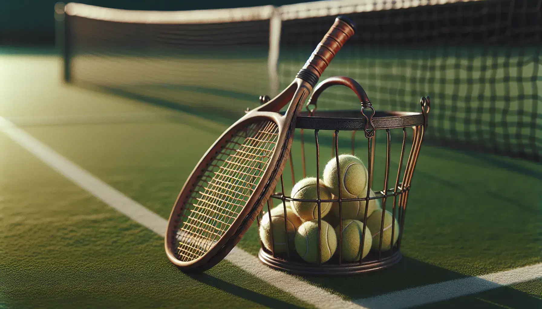 Raqueta de tenis antigua apoyada en cesta metálica con pelotas de tenis sobre césped, con red y líneas de cancha al fondo.