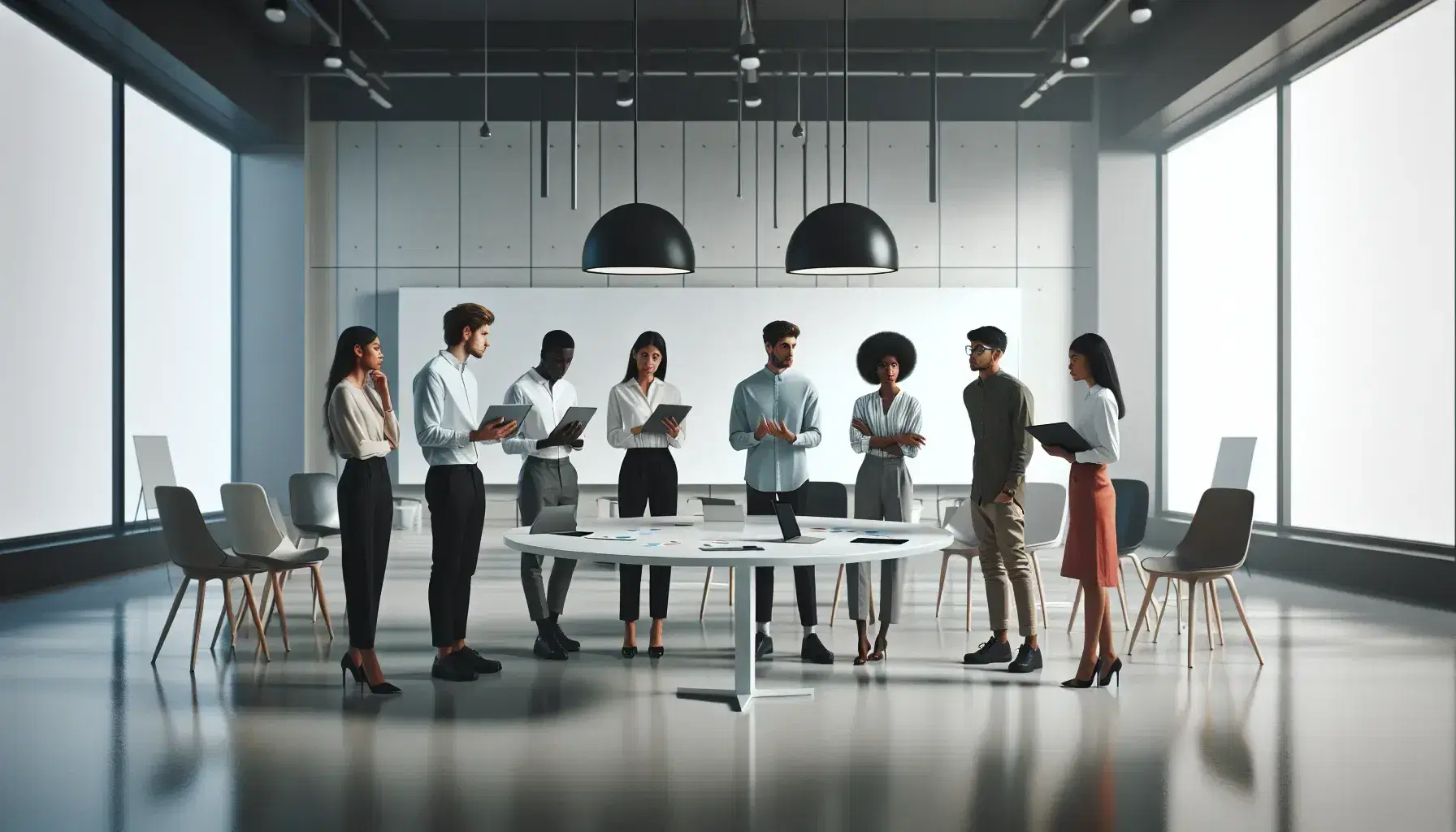 Grupo diverso de profesionales colaborando en una oficina moderna con dispositivos electrónicos sobre una mesa redonda y una pizarra blanca al fondo.