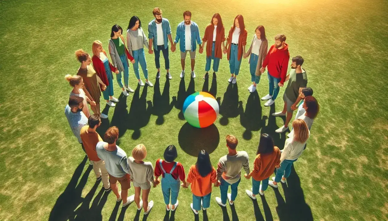 Grupo diverso de personas tomadas de las manos en círculo alrededor de un balón colorido en un parque soleado, transmitiendo unidad y alegría.