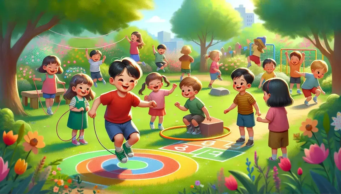 Bambini multietnici giocano in un parco soleggiato con attività come salto della corda, gioco della campana e rotolamento di cerchio.