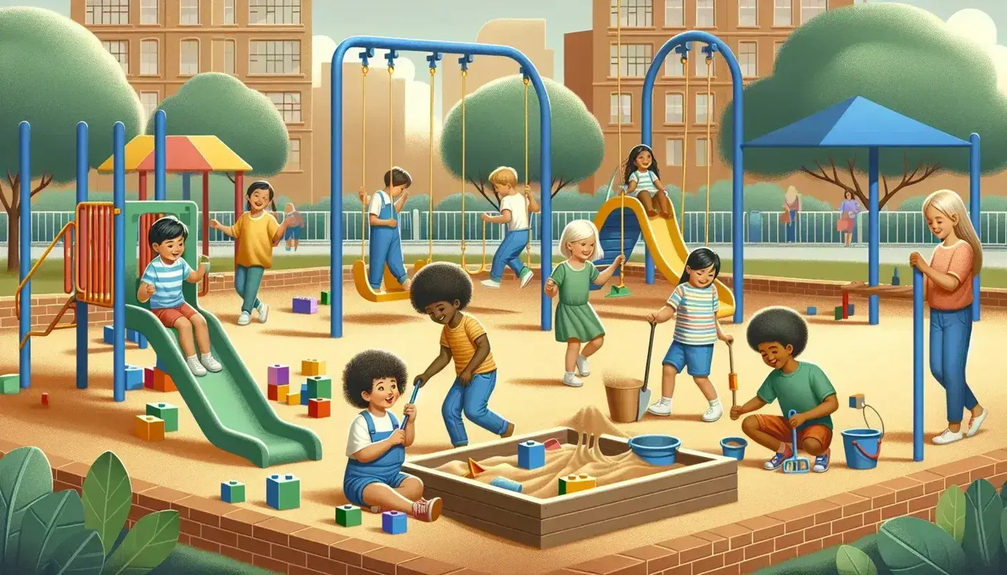Children of different ethnic groups play in a colorful playground: constructions with blocks, games in the sand and swings in action, green slide in the background.
