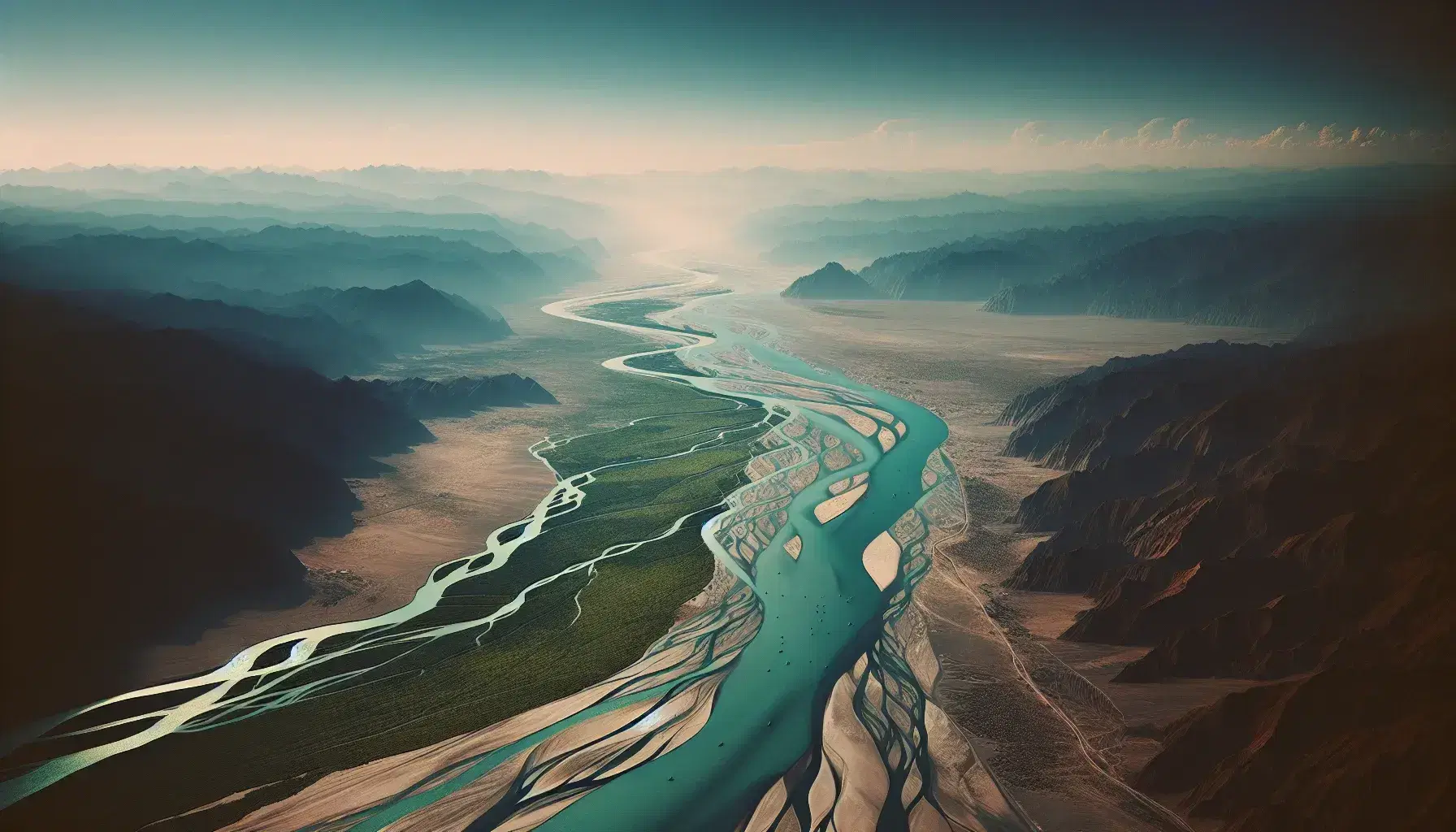 Vista aerea del fiume Indo che serpeggia in una pianura alluvionale con variazioni di verde lungo le rive e montagne sullo sfondo.