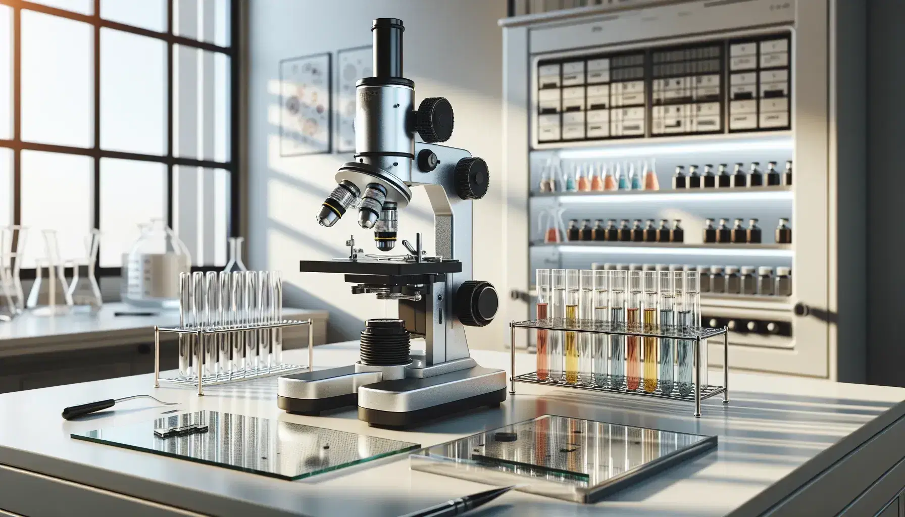Microscopio óptico de laboratorio en mesa clara con portaobjetos y tubos de ensayo con líquidos coloridos, iluminado por luz natural.